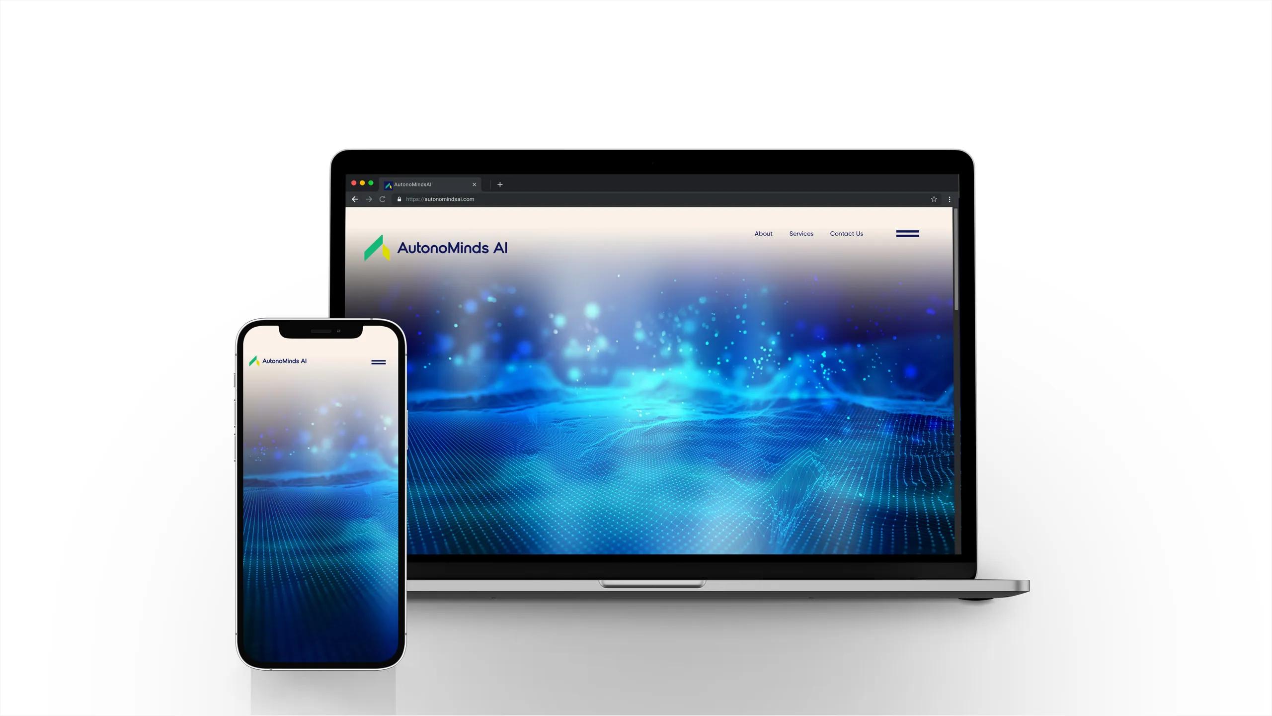 AutonoMinds AI brand guidelines — pattern library and product mockups rooted in neural and data-flow motifs